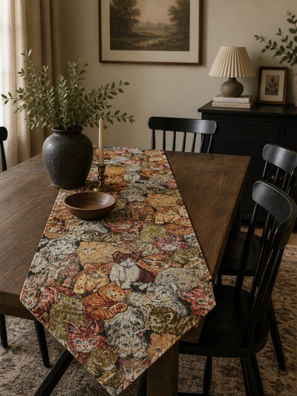 Vintage Cat Table Runner Tapestry Farmhouse Cottagecore Dining Decor 90s